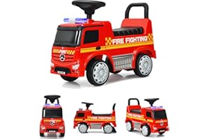 DREAMADE Voiture Porteur Enfant, Camion de Pompiers pour Bebe12-36 Mois avec Phare et Gyrophare, Klaxon, Poignée et Dossier, Espace de Rangement, Charge 25 KG (Rouge)