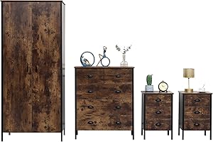 Homemade Deisgn FurnitureHMD Industrial Style Bedroom Furniture Set 2 Doors Wardrobe Hallway Chest of Drawers Free Standing Cabinet Organizer Set of 2 Bedside Tables with 3 Drawers UK Stock (474950)