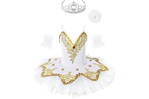 MSemis 3tlg. Mädchen Ballettkleid Schwan Ballett Kostüm Tanz Trikot mit Mesh Tutu Kleid Kinder Ballettkleidung Gr. 98-164