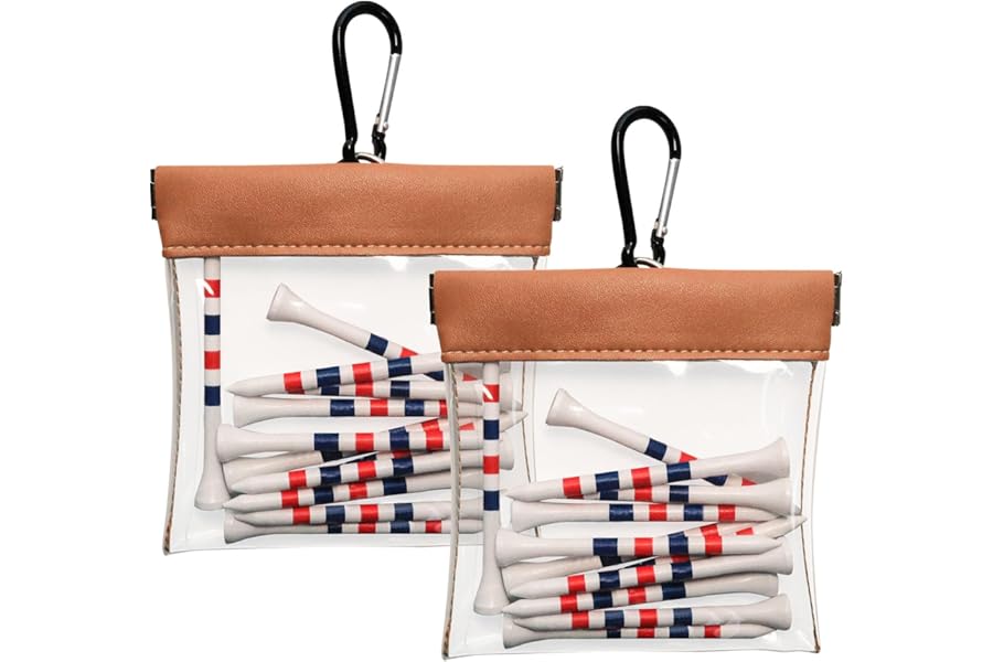 FINGER TEN Golf Tee Ball Bag Pouch Clip Holder Transparent for Men Women, Golf Tee Waterproof Professional Holder Including Wood Bamboo Tees for Golf Course (2 Pack Caffee)