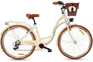 Goetze Mood 28 Inch Women's City Bike, 18 Inch Frame, 7-Speed Derailleur Gears, Front & Rear V Brakes, LED Lighting, Pannier Rack, Comfort Saddle, Mudguards, Rattan Basket with Fabric Insert