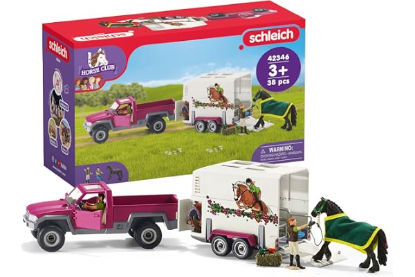 schleich HORSE CLUB | Pickup med hästtransport 42346 | Set med fordon, släp, häst, 2 människofigurer & tillbehör
