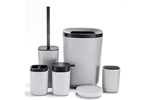 GERUIKE Bathroom Accessory Set 6 Pieces Plastic Bathroom Accessories Toilet Brush, Toothbrush Holder, Plastic Cup, Soap Dish, Trash Can, Lotion Dispenser (Grey)
