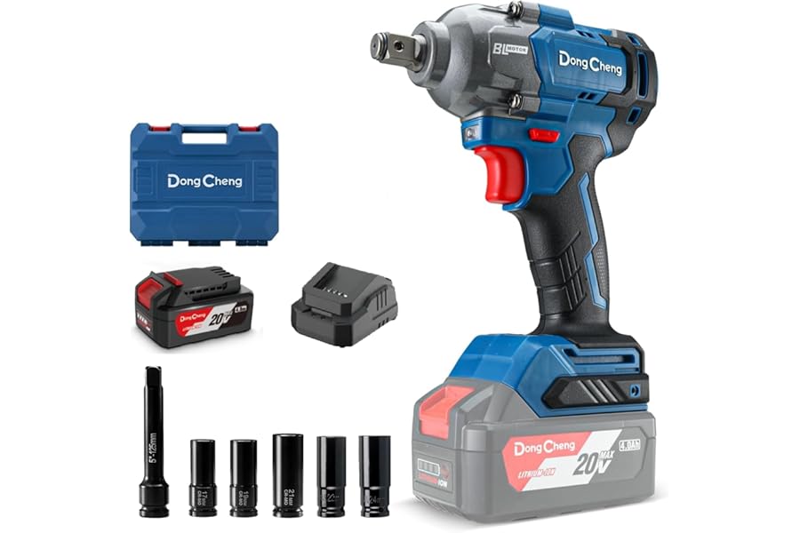 Dong Cheng 20V Brushless Impact Wrench, 910N.m(670ft-lbs) 1/2 inch 4-Speed Cordless Torque Gun with Storage Box, Easily Removes Bolts on Cars, Trucks, and Tractors, Includes 4.0Ah Battery & Charger
