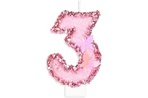 YIRAN Świece urodzinowe z motywem trzeciego motyla, numer 3 różowa świeca, świeca urodzinowa do ciasta, świeczka urodzinowa na 3 urodziny, ręcznie robione cekiny świecące cyfry, dekoracja na tort dla dziewcząt na przyjęcie urodzinowe