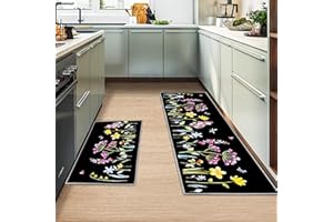 MIQEBX 2 Pcs Kitchen Rugs and Mats,Anti Fatigue Kitchen Rug Sets,Comfort Floor Mats Washable Non Slip Kitchen Rug Runner for Office Sink Laundry (Flowers B, 43x150cm+43x75cm)