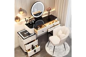 AMZSEW Dressing Table with LED Lights Mirror - Vanity Makeup Table Set with Adjustable Brightness Mirror, Cushioned Stool Home Bedroom Vanity Cosmetic Furniture Gifts for Girls Women,white 80cm