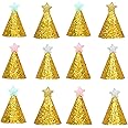 MAKINGTEC 12 Pack Golden Star Birthday Hats Happy Birthday Cloth Party Cone Hats Shiny Party Hat for Kids Adults Pets
