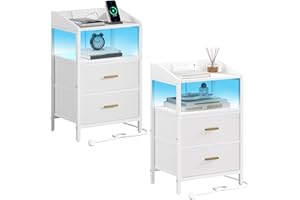 Hzuaneri Bedside Tables Set of 2 with LED Lights and Charging Station, Bedside Cabinet with 2 Fabric Storage Drawers, Nightstand with USB Ports & TypeC for Bedroom, Livingroom, White NS36213W