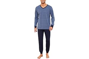 Bresdk Pijama Hombre Invierno Algodon Manga Larga Ropa de Dormir Rayas Pijamas Largos Cuello en V Dos Piezas