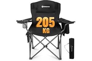 FUNDANGO Camping Chairs for adults, Heavy Duty Camping Chair 205KG, Oversized Chairs for heavy people, xl folding camp chair with Cup Holder and Cooler Bag for Outdoor Picnic Fishing (Black)