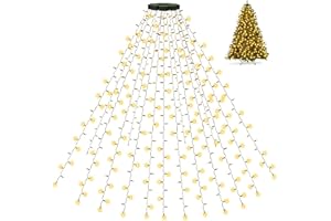 Ollny Christmas Tree Lights, 2.5m x 10 Strands 250 LEDs Outdoor Xmas Lights with Ring, Indoor Waterfall Fairy String Light USB Plug in, Warm White Waterproof Outside Decorations for 1.5-2.5m Tree