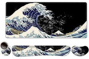 ToLuLu Extended Gaming Mouse Pad & Keyboard Wrist Rest Support Set, Memory Foam, Large Desk Mat with Stitched Edges, Non-Slip Base, for Home Office, Study, Wave of Kanagawa