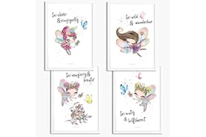 Sunnywall® 4er Set Poster Feen Schmetterling Kinderzimmer - A4 Bilder Babyzimmer Kinderposter | OHNE Bilderrahmen | - Deko Mädchen Junge | (Feen Elfen 4er Set)
