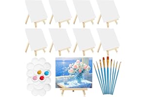 Vabrloy 8 Stück Mini Leinwand mit Mini Staffelei,20x25 cm Mini Holz Dekoration Staffelei mit 10 Pinsel & 2 Paint Tray,Tischstaffelei Holz Leinwand Ständer Set für Malerei zum Zeichnen Tisch Deko