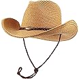 Cowboy Hat with String, Azonee Foldable Summer Sun Protection Straw Beach Hats with Wide Brim with Adjustable Drawstring for Wedding Stage Performance Country Cowboy Hat for Women Men