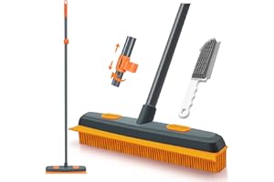 TidyBliss Rubber Broom with Silicone Squeegee, 146 cm Carpet Brush for Pet Hair, Fur Remover Tool with Detailing Lint Comb for Cleaning Rug, Tile, Hardwood Floor (Gray Orange)