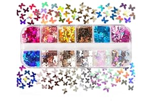 Yushu - 12 griglie olografiche glitterate a forma di farfalla, riempite in resina epossidica, paillettes a forma di farfalla, fiocchi di riempimento in resina epossidica, glitter colorati per nail
