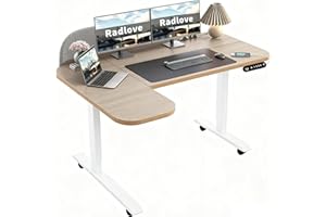 Radlove Biurko z elektryczną regulacją wysokości z szarą ścianką działową i kształtem L, 150 x 68 cm, z wyświetlaczem LED, USB-C – regulowane biurko do domowego biura i biura, wygląd drewna