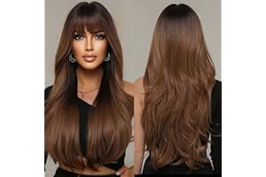 ALLBELL Lange braune Perücke für Frauen, gewellte Perücke, Kunsthaar mit Pony, Ombré-Lockenperücken mit dunklem Ansatz