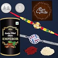 DeoDap Silver Plated Rakhi Roli Chawal, Set of 2 with Chocolate and Greeting Cards Combo for Brother
