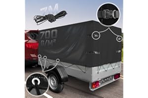 Jago® Lona de Remolque - 210x114x110cm, 700 g/m², Resistente a Intemperie, Desgarro, Impermeable, Cuerda de 7m, Ojales, Negra - Cubierta, Toldo, Lámina, Cobertura, Capota, Coche, Carga Pesada