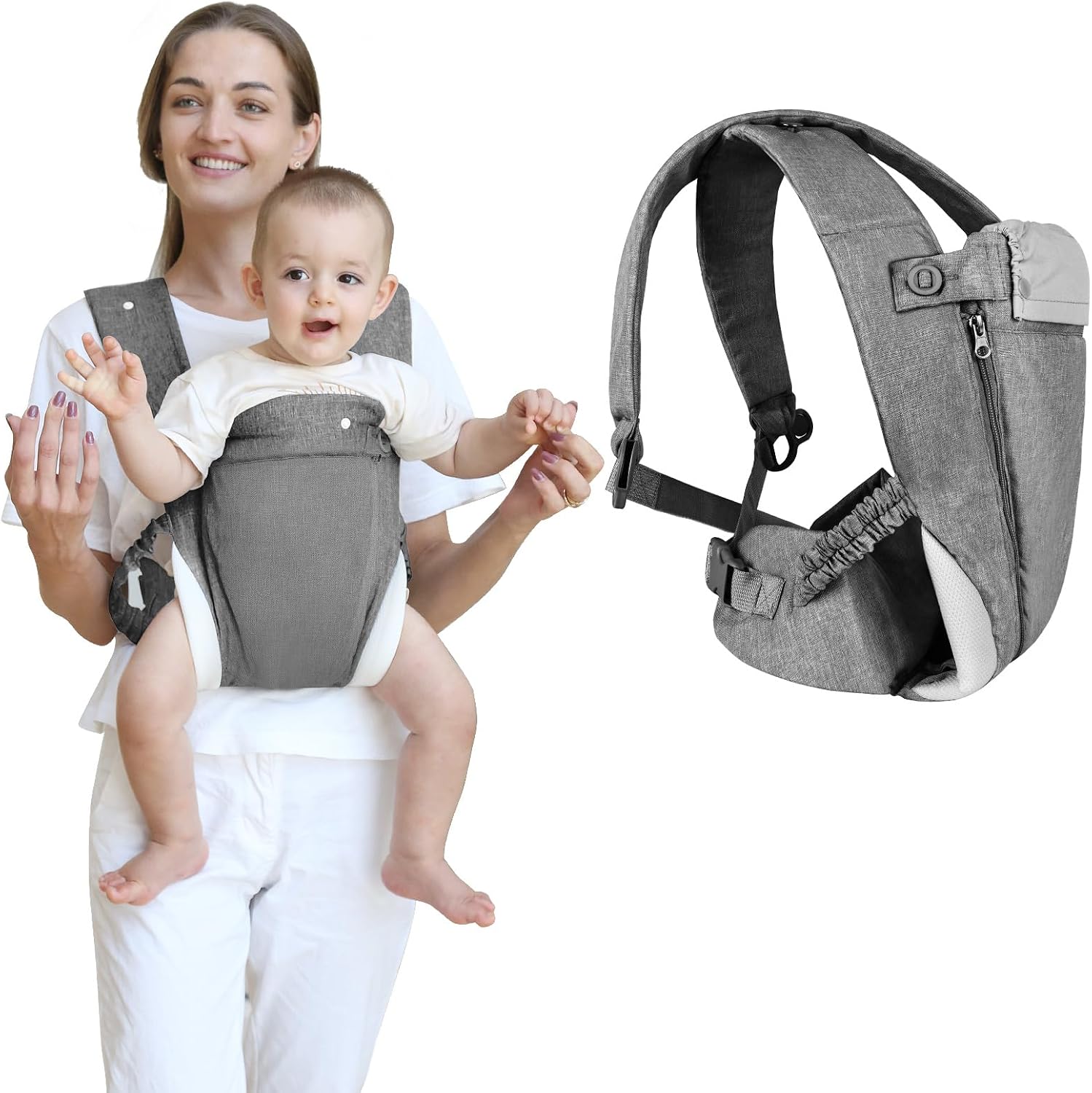 Aolso 4-in-1 Baby Carrier Newborn to Toddler, Baby Carrier Baby Sling Carrier, Breathable Zipper & Belt, Front and Back Adjustable Baby Sling Carrier for for 7-40lbs (Grey)