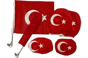 ROSEANNE Türkei Auto Fanset 6 teilig, 2 Flaggen, 2 Kopfstützenfahnen, 2 Seitenspiegelflaggen, Türkiye EM Fanartikel Fahne Flagge Dekoration