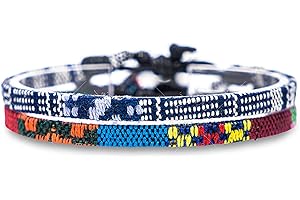 Made by Nami Surfer Fußband 2-er Set Damen & Herren - Dünnes Boho Hippie Ethno Fußkettchen - Handmade Strand Festival Accessoires - 100% Wasserfest & Verstellbar - ökol. Baumwolle (Blau-Weiß & Ethno)
