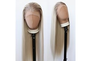 Towarm Ombre Platinum Dirty Blonde Long Straight Synthetic Lace Front Wig with Brown Roots Pre Plucked Heat Resistant Hair Ash Blonde Synthetic Lace Wigs Daily Use (Ombre Dirty Blonde)