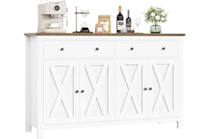 FirFurd 140cm Sideboard White Kitchen Sideboard Storage Cabinet Large Kitchen Cabinet Cupboard with Adjustable Shelves 4 Doors 2 Drawers for Living Room Dining Room Furniture 140x40x89cm