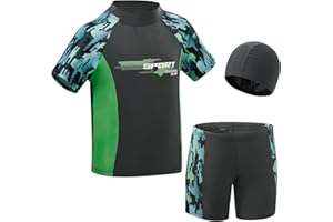 KAKU NANU 3 Pieces Maillot de Bain Enfant Garcon 3-11 Ans Anti UV Manches Courtes Bonnet Piscine Enfant Short de Bain