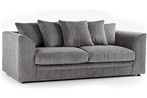 SOFASELECTIONUK LTD SofaSelection's Jumbo Cord Scatter Back 3-Seater Sofa| Dylan Scatter Back 3 Seater Sofa in Grey Soft Cord Fabric: Redesign Your Living Room for Superior Comfort and Style (Grey, 3 Seater)