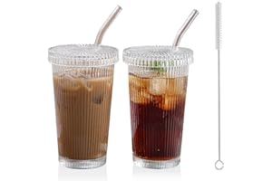 Noxtioanip 2 Pièces Verre à Eau avec Couvercle et Paille, 380 ml Tasse à Jus, Tasses à Café Rayés, Tasses en Verre à Café Glacé, Pour Smoothies, Thé, Cola, Jus de Fruits, Soda, Cafe, Cocktails