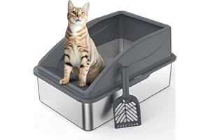 FURTIME Stainless Steel Cat Litter Tray Grey with Detachable Enclosure, 26cm High Sided Cat Litter Box Anti-Spillage and 58cm Extra Large Litter Tray for All Cats, with Litter Scoop, 58x37x26cm