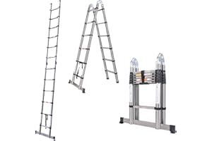 DICN 3.8M / 1.9M+ 1.9M Foldable Ladders A Frame Telescopic Stainless steel Extendable Extension 16 Steps150kg Max. Capacity Multipurpose Climb Ladder Portable Loft Attic for Business Home Work DIY Builder