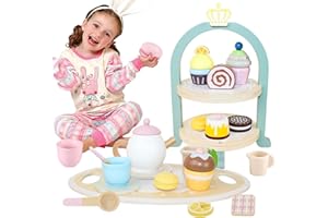 Revanom Wooden Tea Party Set for Little Girls, Toys Toddler Tea Set with Pretend Play Toy Cookies & Cake Stand, Kids Kitchen Playset Wooden Toys Birthday Gift for 2 3 4 5 6 Year Old Girls Boys