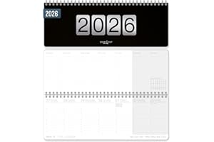 Häfft® Calendrier de bureau international 2026 horizontal "Édition noire" 1 semaine 2 pages, semainier 29,8 x 11,6 cm, multilingue - durable & respectueux au climat