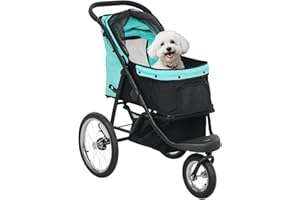 PawHut Hundewagen Jogger Hundebuggy klappbar für kleine Hunde & Katzen bis 10 kg Katzenbuggy mit 3 große Gummiräder, Kissen Netzfenstern Aufbewahrungskorb Katzenwagen mit Sicherheitsleinen, Türkis