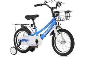 Bueuwe 14" 18" Kids Bike for 3-9 Years Old Boys Girls, Children Bikes with Double Handbrake & Basket, Toddler Bicycle with Training Wheels & Luggage Rack