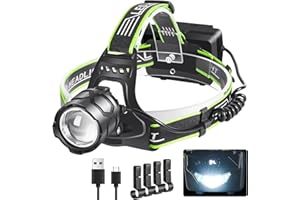 PEAKRO Linterna Frontal LED Recargable, Alta Potencia 90000 lúmenes 5 Modos, 9000mAh Frontal LED Recargable con Luz de Aviso, Linterna de Cabeza 90° Ajustable para Camping y Pesca