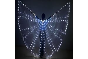 LALUKY Ropa danza del vientre con alas LED para bailar el vientre, luces LED mariposa y alas Isis Halloween con palo telescópico, apoyo rendimiento 360 grados que brillan con alas baile ángel (Blanco)