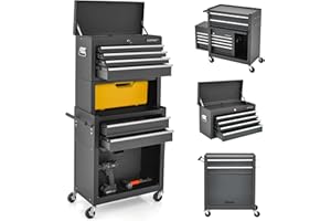 GOPLUS Servante d’Atelier avec Coffre Amovible, 33 x 62 x 132CM, Caisse à Outils Roulant avec 6 Tiroir Verrouillable & Armoire à Étagère avec 4 Crochet, pour Garage, Atelier, Charge 90kg(Noir)