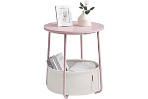 ‎VASAGLE VASAGLE Beistelltisch rund, Kleiner Tisch, Couchtisch klein, Wohnzimmertisch, Korb aus Stoff, Stauraum für Wohnzimmer Schlafzimmer, Nachttisch modern, pastellrosa-cremeweiß LET223R61