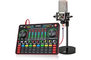 TENLAMP DJ Controller Audio Interface mit DJ Mixer und Soundkarte, ALL-IN-ONE Podcast Ausrüstung mit Kondensatormikrofon für YouTube, PC, Telefon, Live Streaming, Aufnahme