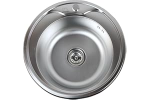 ANW HOME Lavello da cucina rotondo Ø49 cm con sifone, lavello da cucina in acciaio inossidabile con foro per rubinetto, lavello in acciaio inossidabile, lavello da incasso in acciaio