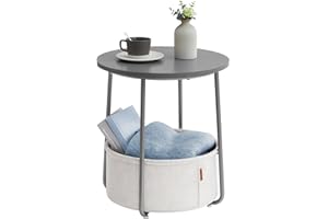 VASAGLE Mesa Auxiliar, Mesa Lateral Redonda con Cesta de Tela, Espaciosa, para Salón, Dormitorio, Mesita de Noche, Estilo Moderno, Gris Cemento y Blanco Crema LET223G49