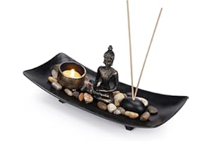 Belle Vous Sitting Buddha Candle and Incense Stick Holder in Zen Garden Tray - Natural Stone Rocks, Tea light Holder and Mini Statue - Table Top Ornament For Gift, Home Decor & Office