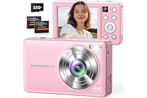 CAMKORY Appareil Photo numérique 4K 64MP, Double caméra avec autofocus, Flash, Zoom 16X, Anti-Shake, Carte mémoire 32 Go, caméra compacte pour vlogging pour Enfants, Adolescents, Adultes et débutants - Rose