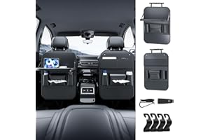 Ruucy Ensemble de 2 Pièces Organisateur Voiture Enfant avec Table Pliante, Protection Siege Voiture Impermeabile, Rangement Siege Voiture Cuir Souple, avec 4 Crochet Voiture + 2 Porte Lunette Voiture